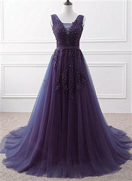 Picture of Purple Tulle Beaded Long Formal Party Dresses, Dark Purple Evening Dresses